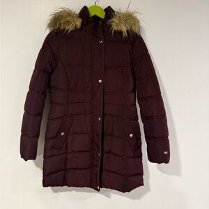 Tommy Hilfiger Maroon Puffer Jacket with Faux Fur Trim